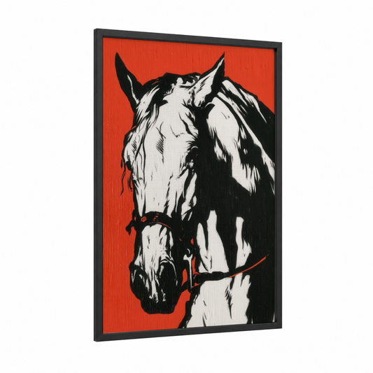 Crimson Andalusian framed andalusian horse print — black wood frame — black and white and red palette