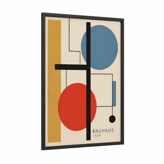 Bauhaus Geometric Abstract Wall Art framed abstract geometric print — black wood frame — red and blue palette