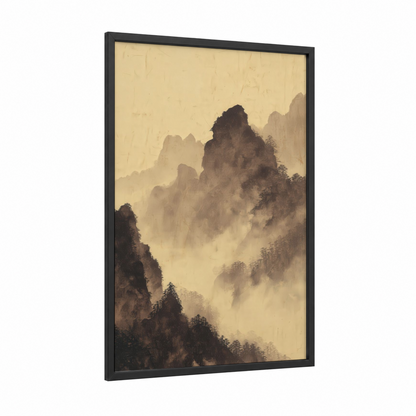 Mountain Mist framed art print — black wood frame — beige and dove gray palette