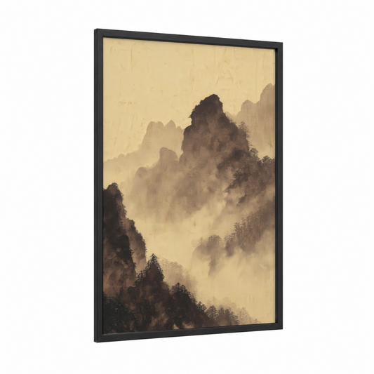 Mountain Mist framed art print — black wood frame — beige and dove gray palette