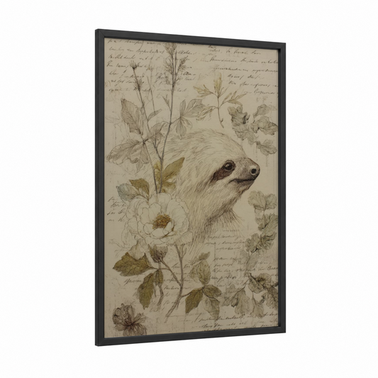 Botanical Sloth framed art print — black wood frame — cream and olive palette