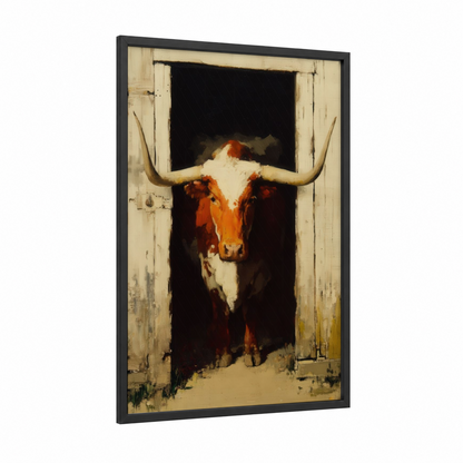 Rustic Longhorn Portrait framed longhorn cow print — black wood frame — russet and cream palette