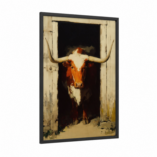 Rustic Longhorn Portrait framed longhorn cow print — black wood frame — russet and cream palette