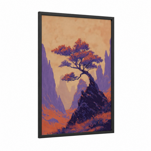 Desert Sentinel Tree framed savanna and desert trees print — black wood frame — orange and purple palette
