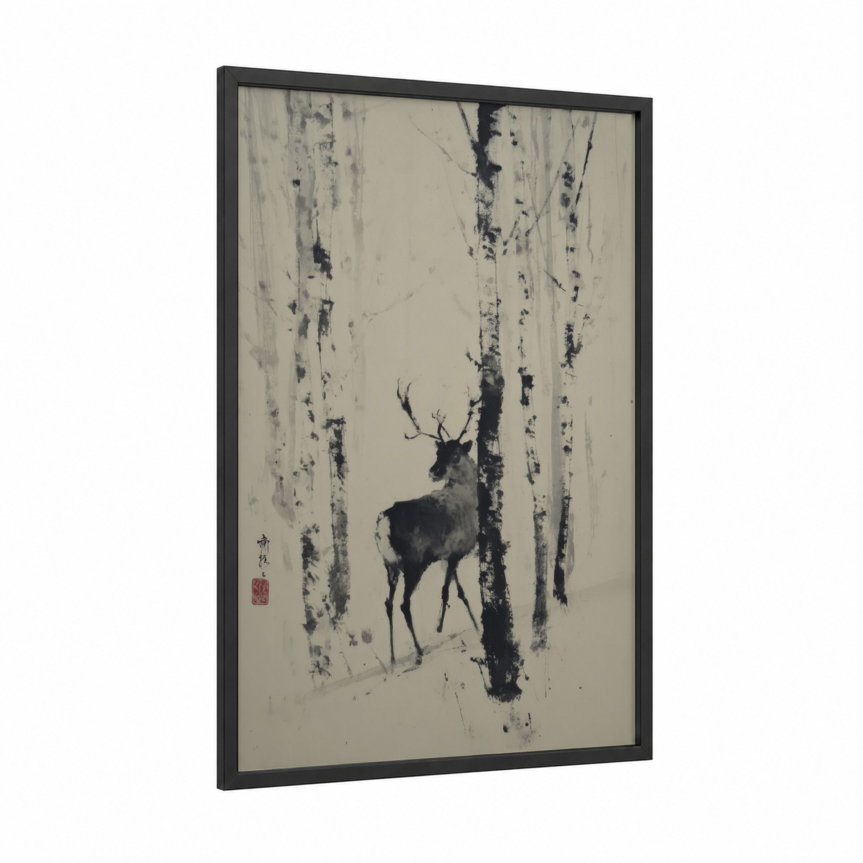 Birch Forest Reindeer framed art print — black wood frame — black and white and gray palette