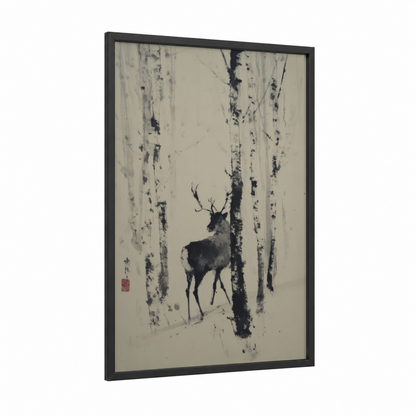 Birch Forest Reindeer framed art print — black wood frame — black and white and gray palette