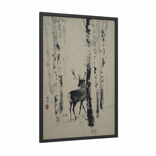 Birch Forest Reindeer framed art print — black wood frame — black and white and gray palette