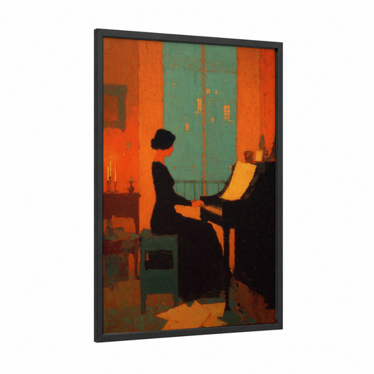 Orange Music Room framed piano print — black wood frame — orange and teal palette