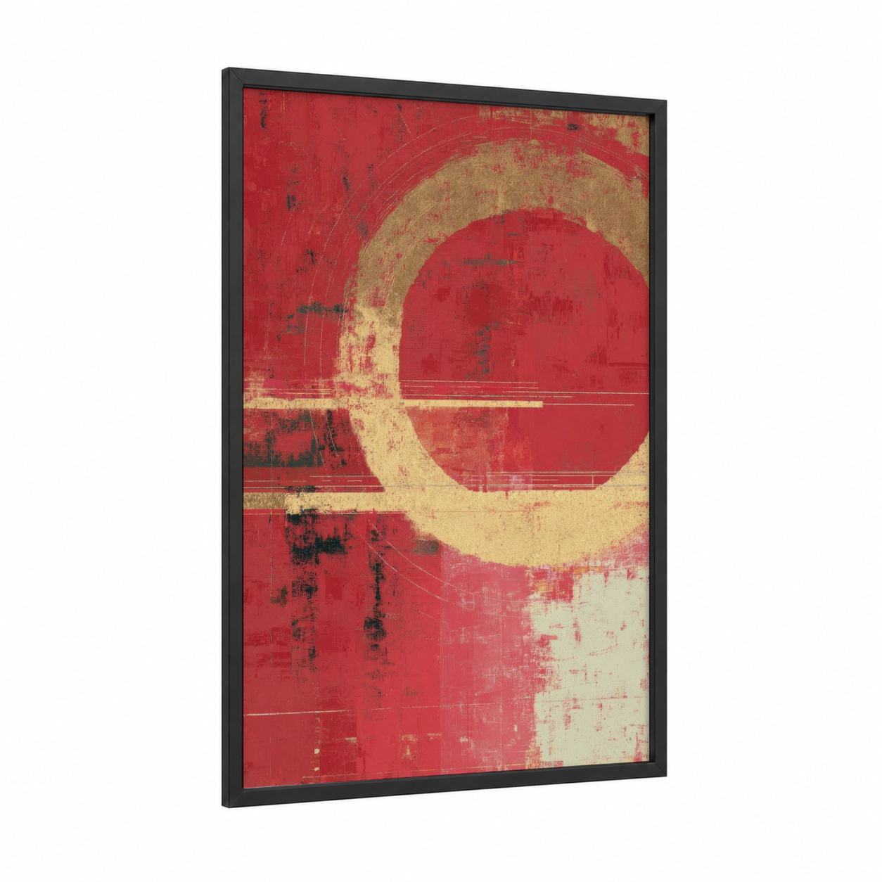 Crimson Circle Zen framed buddhism print — black wood frame — red and gold and white palette