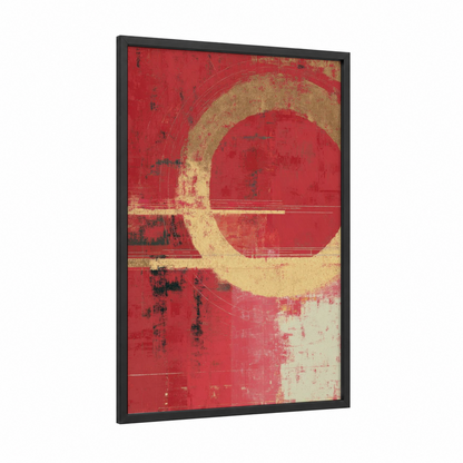 Crimson Circle Zen framed buddhism print — black wood frame — red and gold and white palette