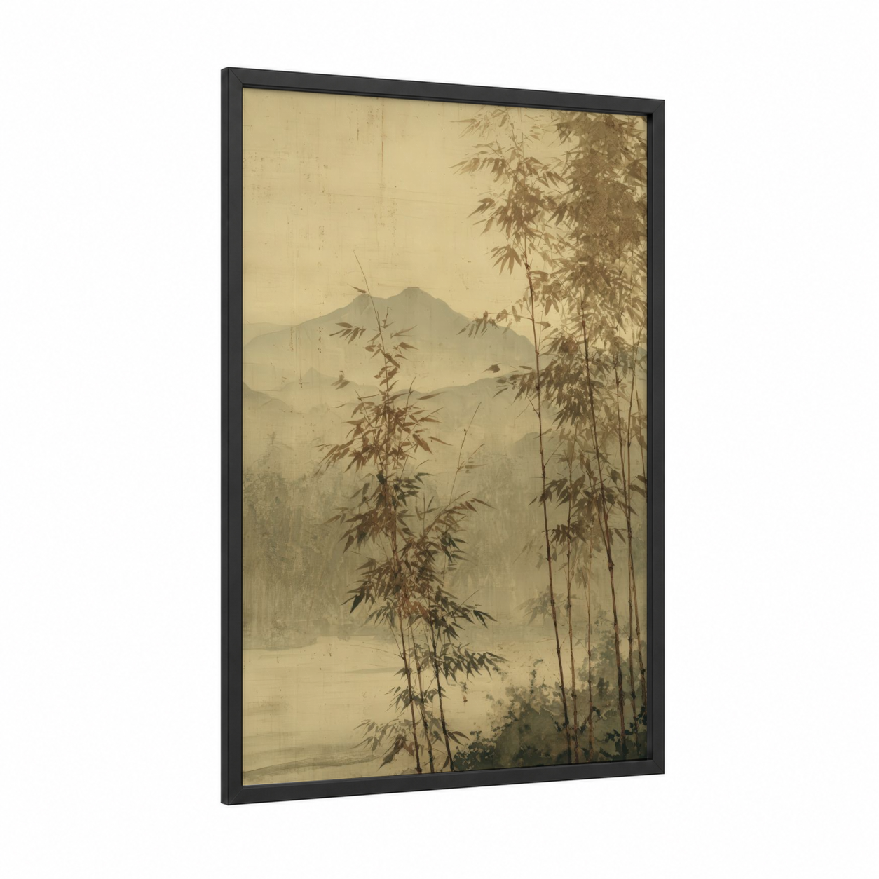 Misty Bamboo Grove framed bamboo jungle print — black wood frame — cream and dove gray palette