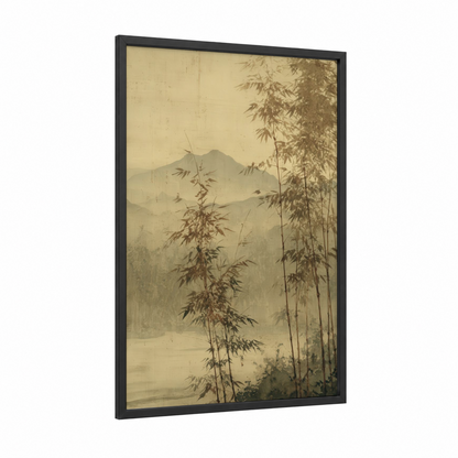Misty Bamboo Grove framed bamboo jungle print — black wood frame — cream and dove gray palette