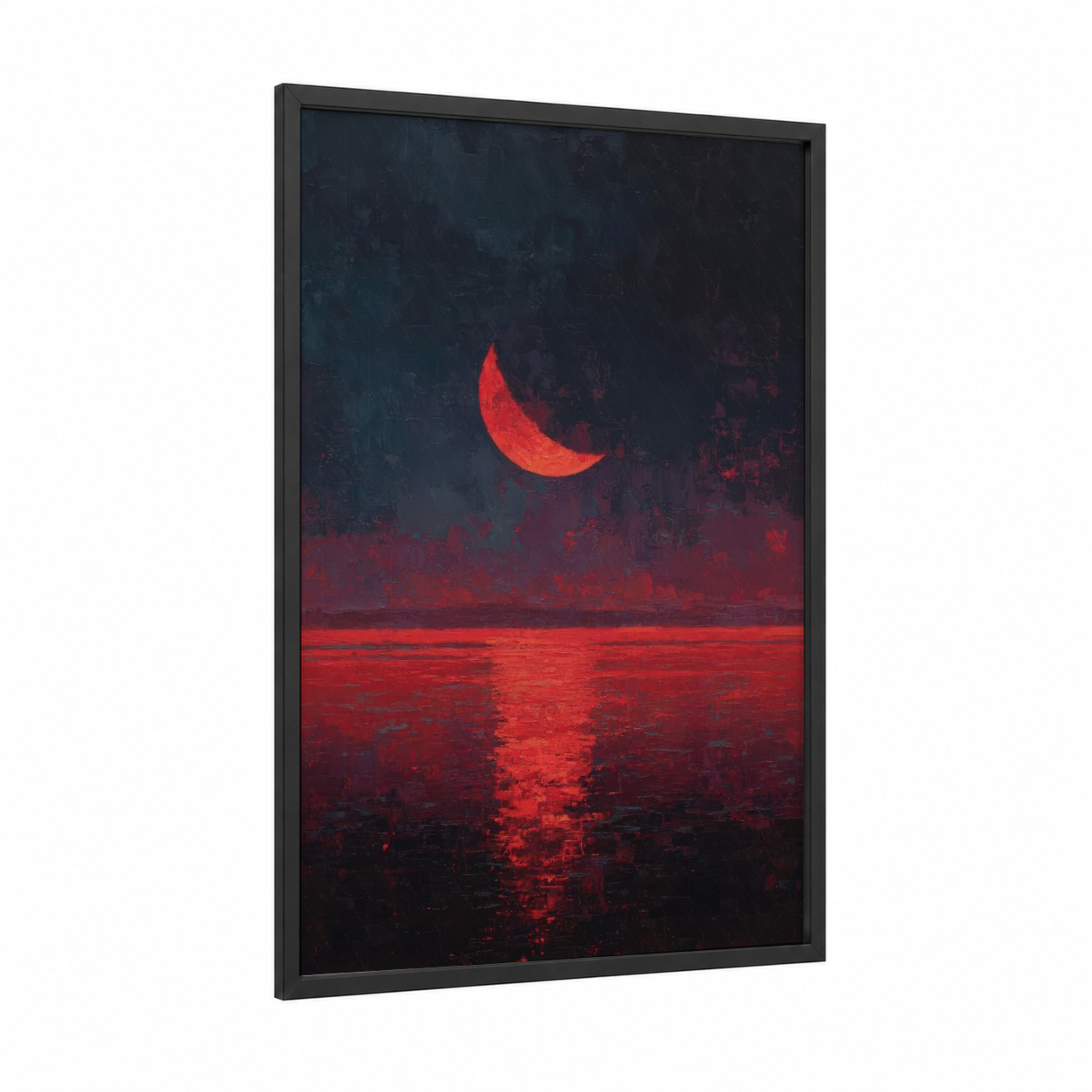 Crimson Moon Reflection framed art print — black wood frame — red and black and blue palette