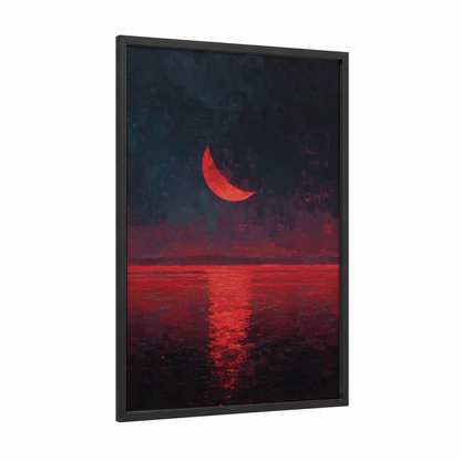 Crimson Moon Reflection framed art print — black wood frame — red and black and blue palette