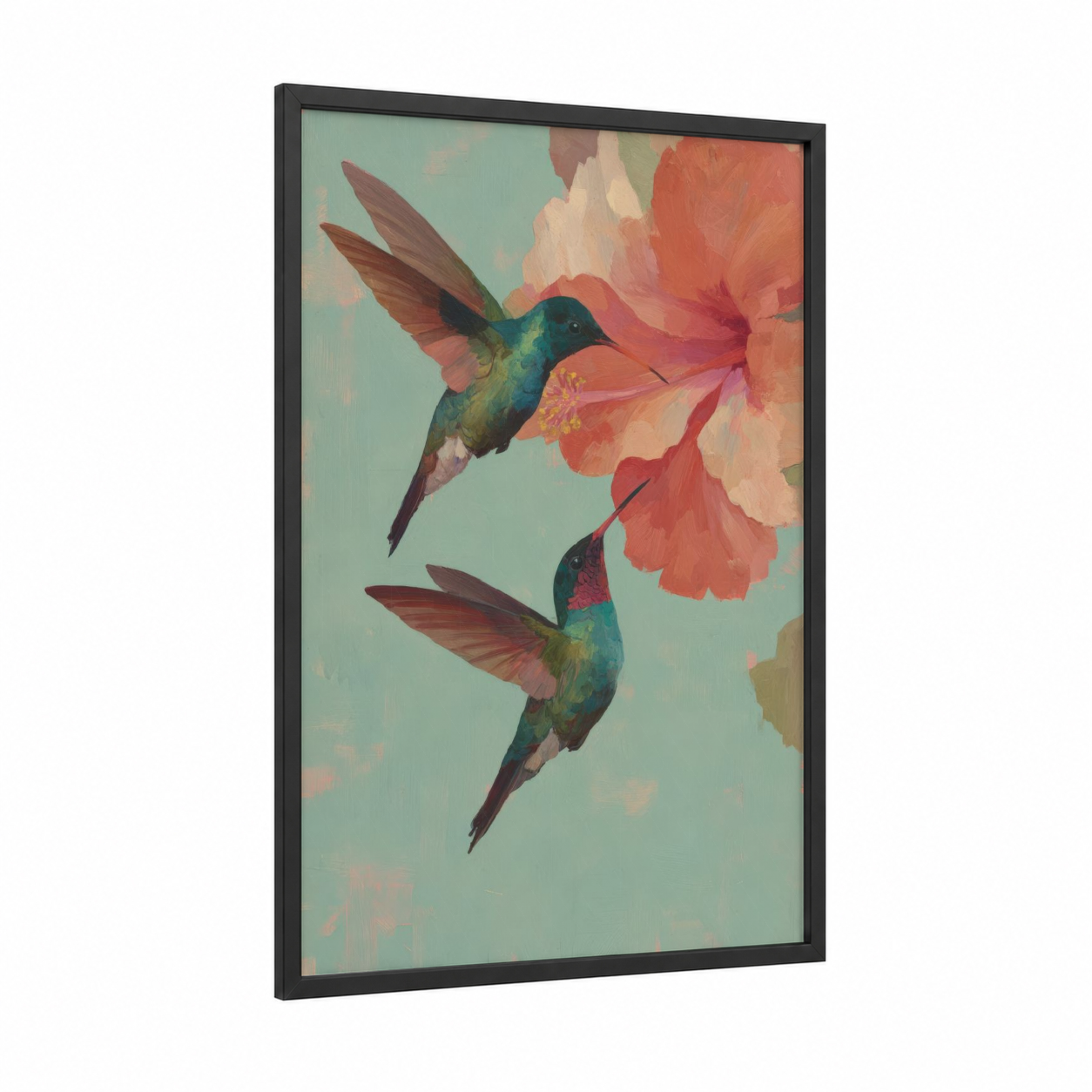 Hummingbird Romance framed animals in love print — black wood frame — blue and pink palette