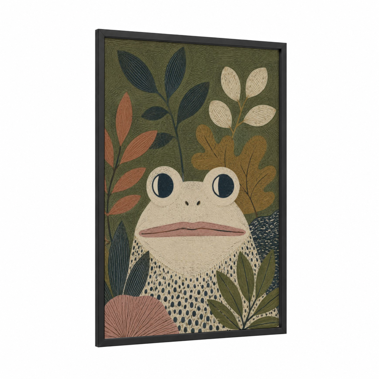 Botanical Frog Illustration Wall Art framed frogs and toads print — black wood frame — olive and beige palette