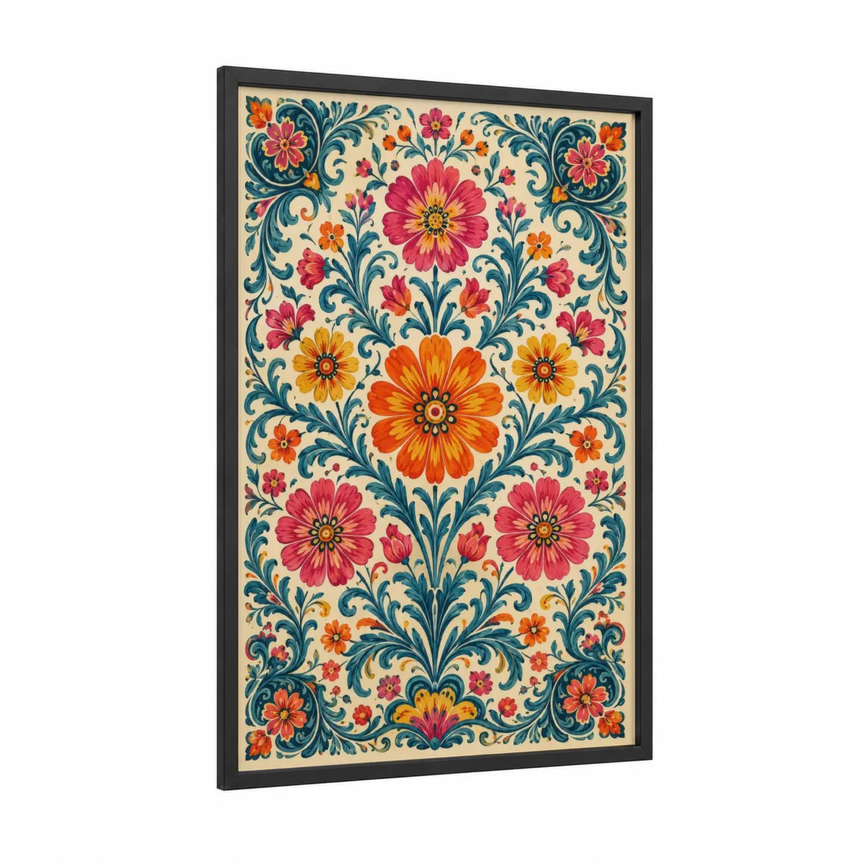 Vintage Floral Symmetry Wall Art framed flower print — black wood frame — orange and pink palette