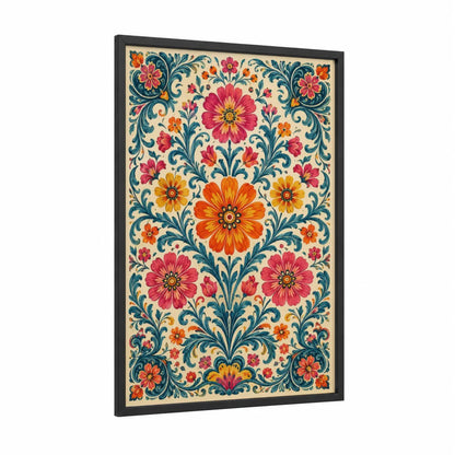 Vintage Floral Symmetry Wall Art framed flower print — black wood frame — orange and pink palette