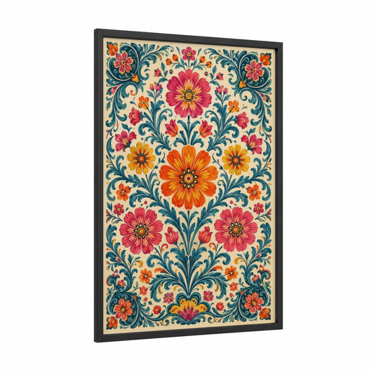 Vintage Floral Symmetry Wall Art framed flower print — black wood frame — orange and pink palette