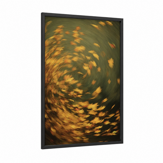 Autumn Leaf Swirl framed art print — black wood frame — gold and dark green palette