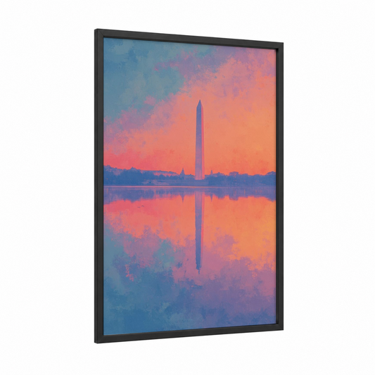 Sunrise Monument framed washington monument print — black wood frame — blue and gold palette