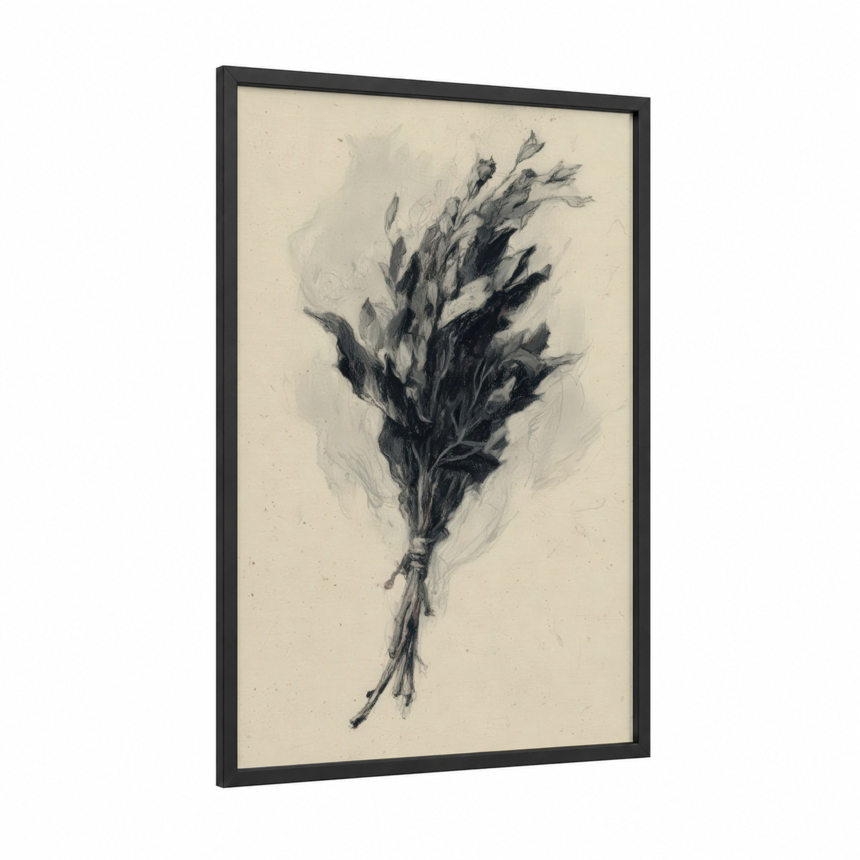 Dried Herb Bundle framed herbs print — black wood frame — black and white and cream palette