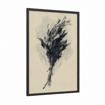 Dried Herb Bundle framed herbs print — black wood frame — black and white and cream palette