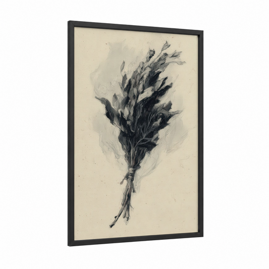 Dried Herb Bundle framed herbs print — black wood frame — black and white and cream palette