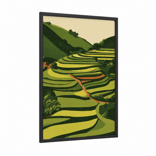 Terraced Green Valley framed green field print — black wood frame — true green and yellow palette