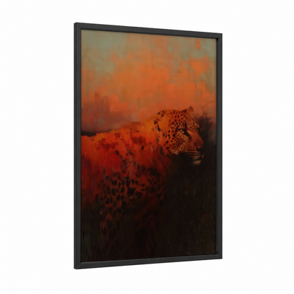 Crimson Leopard framed art print — black wood frame — red and orange palette