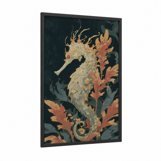 Golden Seahorse framed sea horse print — black wood frame — gold and teal palette