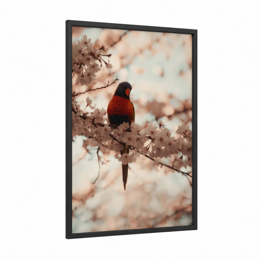 Cherry Blossom Lorikeet framed rainbow lorikeet print — black wood frame — peach and rose gold palette