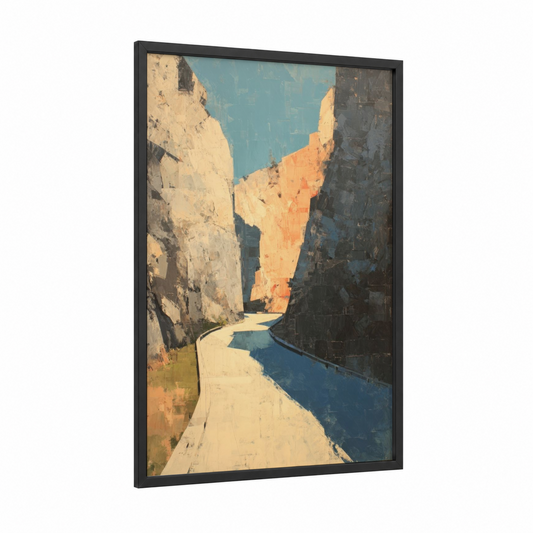Canyon Road framed road and highways print — black wood frame — cream and blue palette