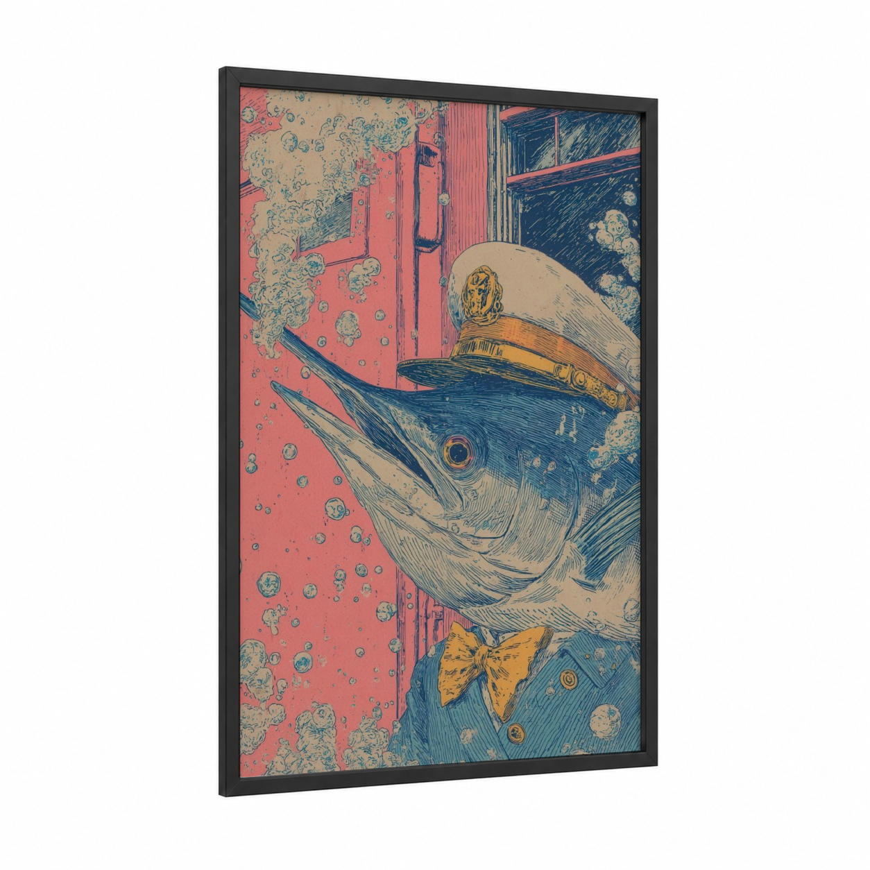 Captain Sailfish framed art print — black wood frame — red and blue palette