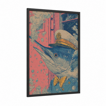 Captain Sailfish framed art print — black wood frame — red and blue palette