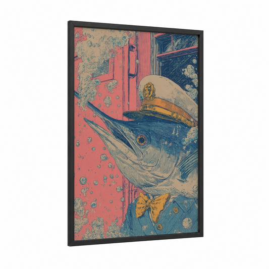 Captain Sailfish framed art print — black wood frame — red and blue palette