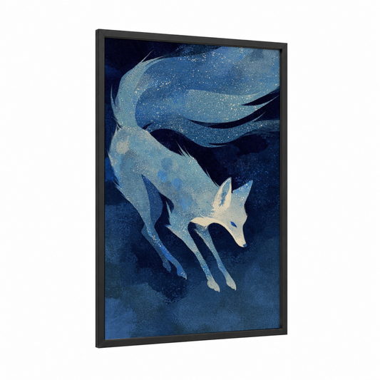 Celestial Fox framed art print — black wood frame — blue and gold and white palette