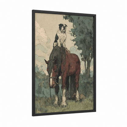 Bulldog Rider framed horseback print — black wood frame — cream and sage green palette