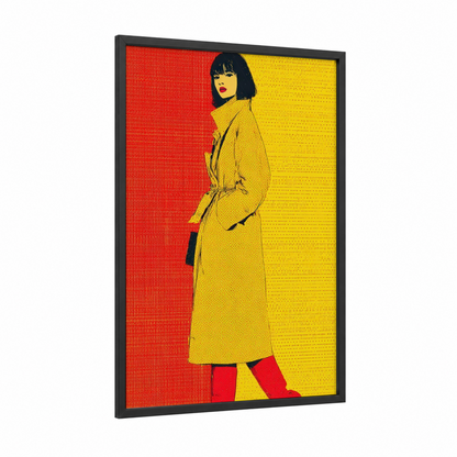 Golden Coat Portrait framed fashion illustration print — black wood frame — red and yellow gold palette