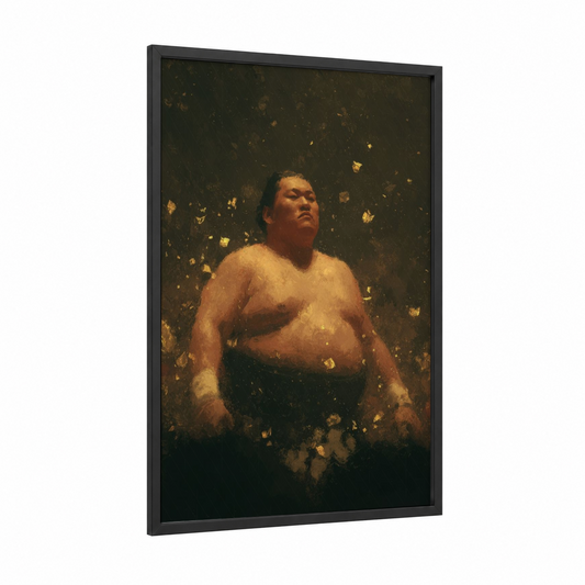 Golden Sumo Warrior framed art print — black wood frame — gold and black palette