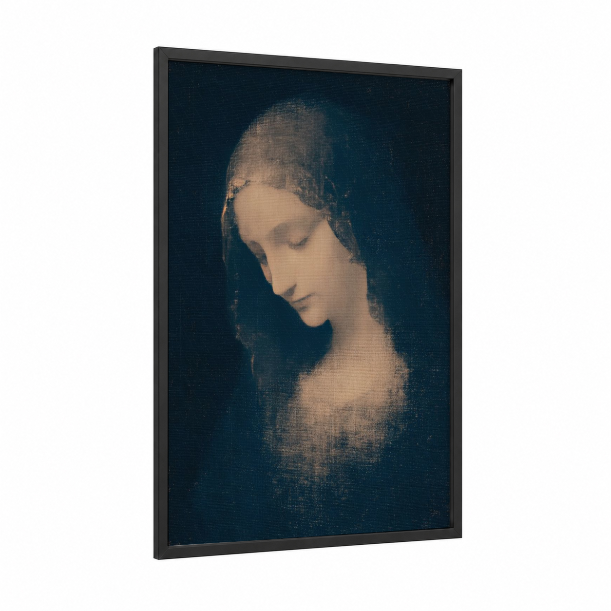 Serene Virgin Mary framed art print — black wood frame — dark blue and cream palette