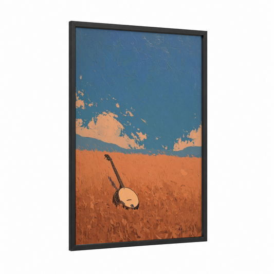Sunset Banjo framed art print — black wood frame — orange and blue palette