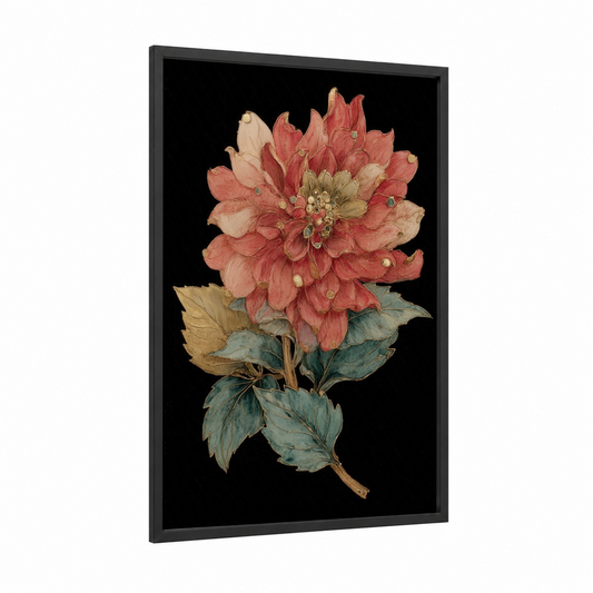 Coral Dahlia Study framed art print — black wood frame — salmon pink and dove gray palette