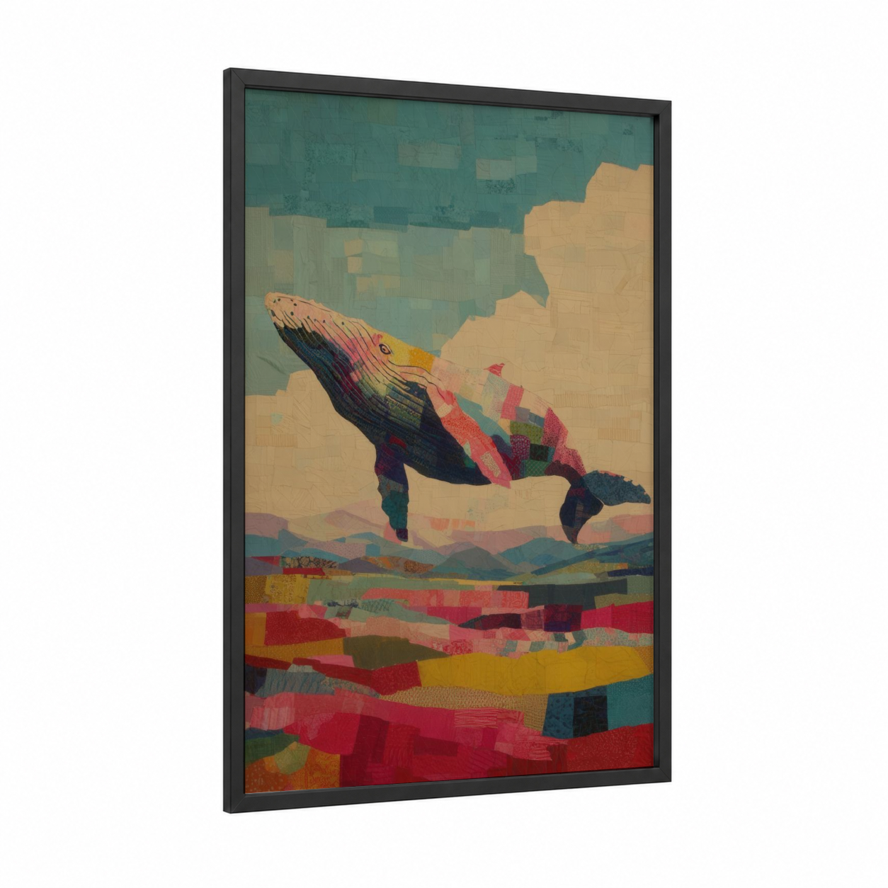 Colorful Whale framed humpback whale print — black wood frame — teal and gold palette