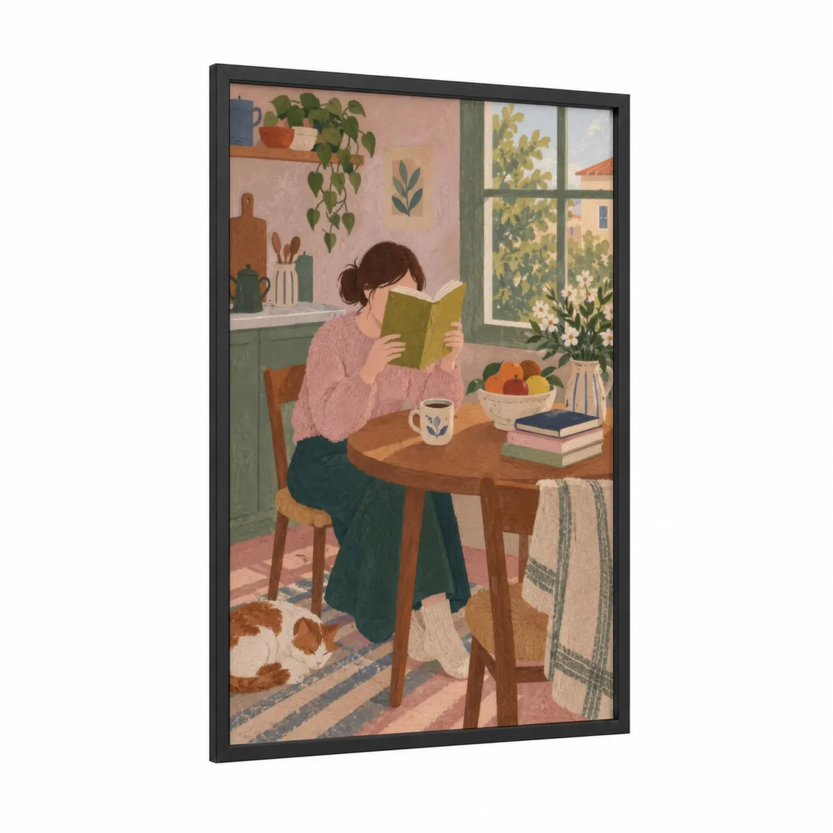 Woman Reading With Cat Kitchen Wall Art framed art print — black wood frame — peach and true green palette