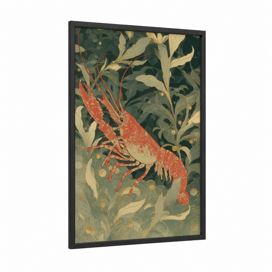 Coral Crayfish framed art print — black wood frame — dark green and russet palette