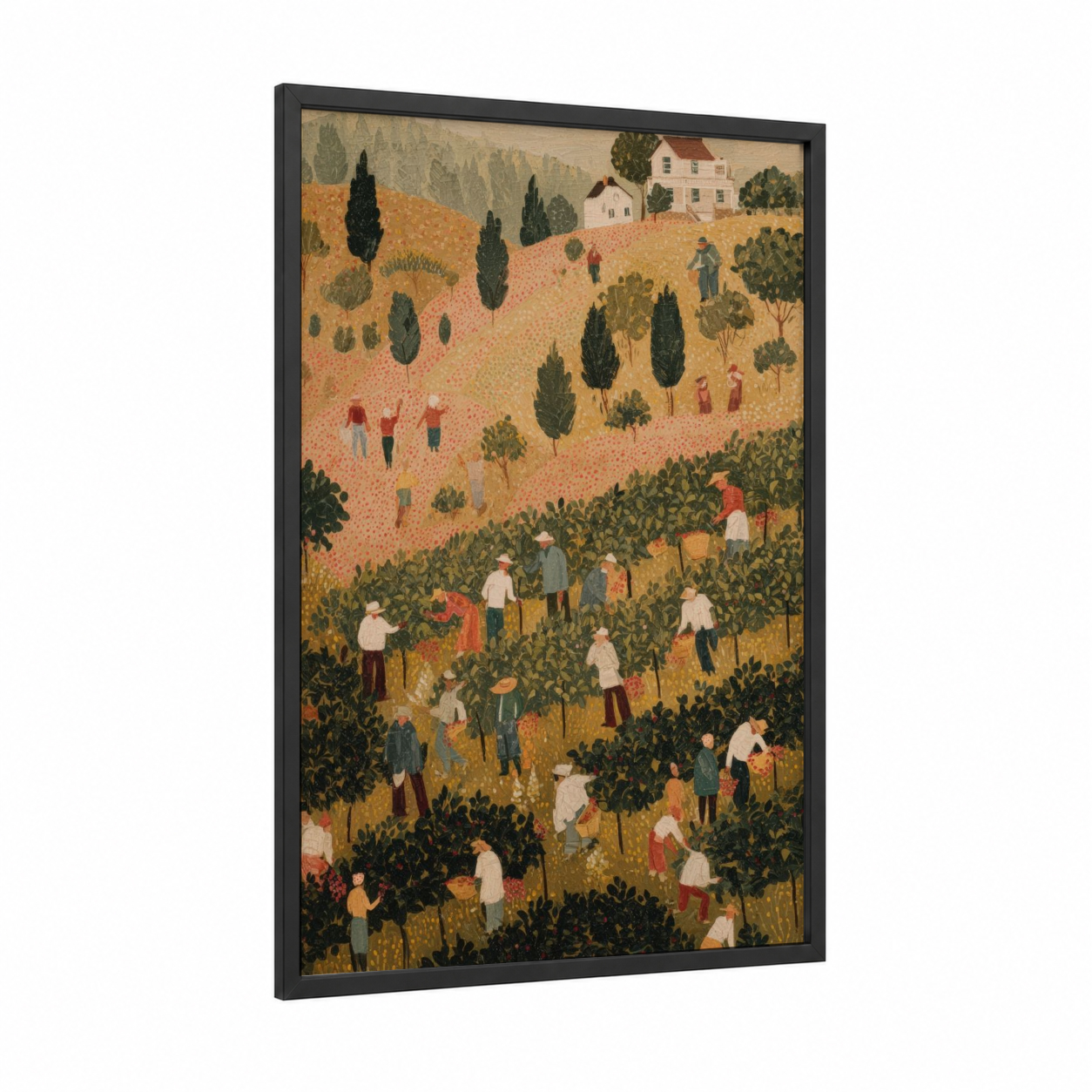 Harvest Vineyard framed vineyards print — black wood frame — gold and dark green palette