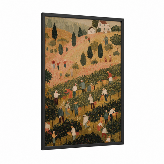 Harvest Vineyard framed vineyards print — black wood frame — gold and dark green palette