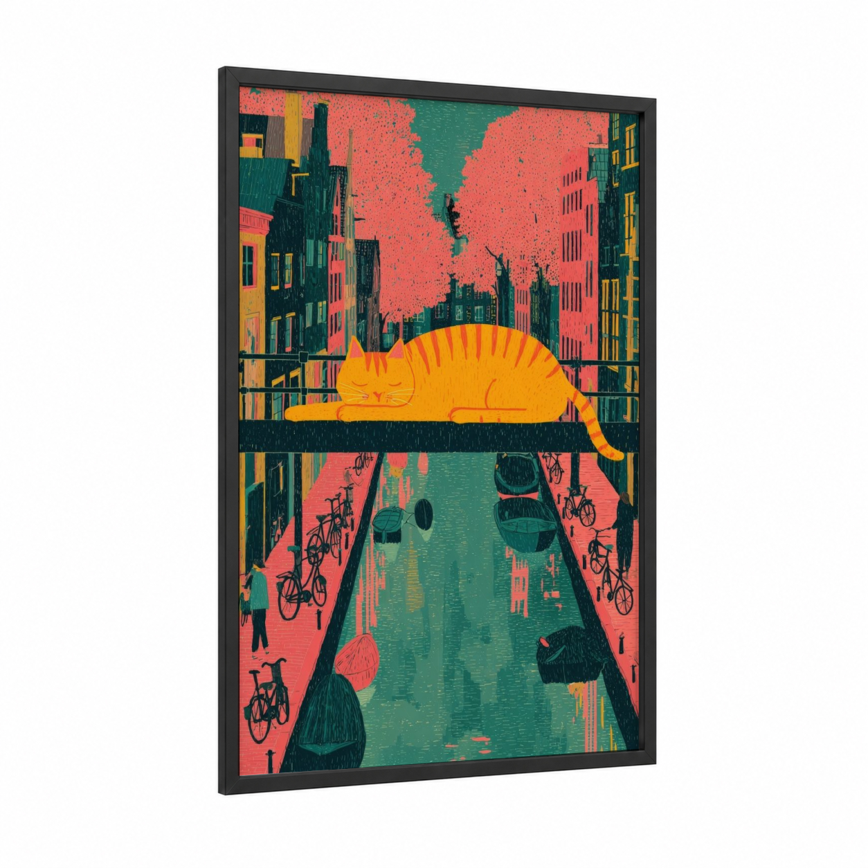 Resting Ginger Cat framed canal print — black wood frame — orange and teal palette