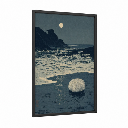 Moonlit Sea Urchin framed art print — black wood frame — dark blue and cream palette